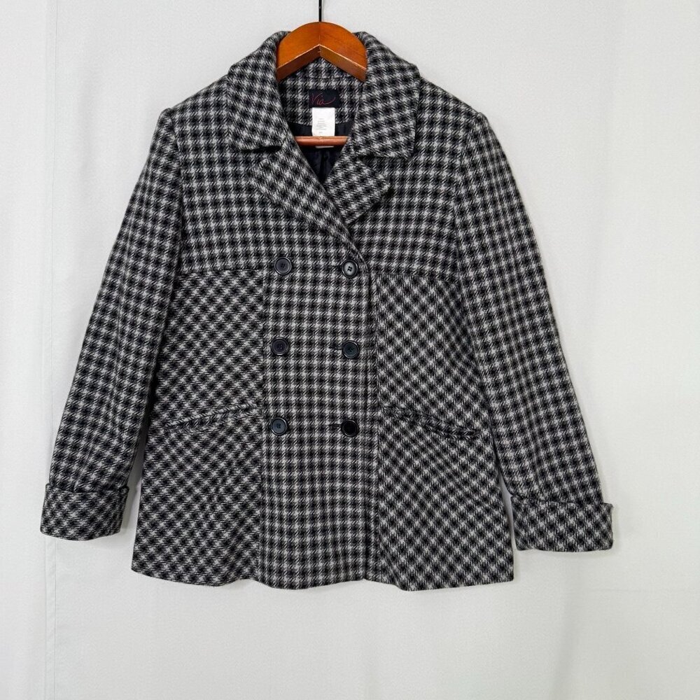 Vintage Via Wool Blend Black Gray White‎ Houndstooth Double Breasted Pea Coat XL